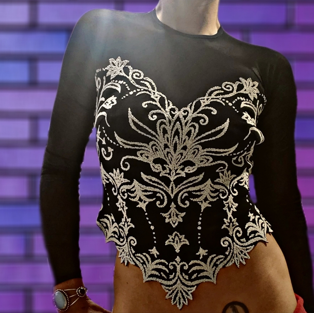 TADASHI Beaded Mesh Long Sleeve Top S - Picture 2 of 9